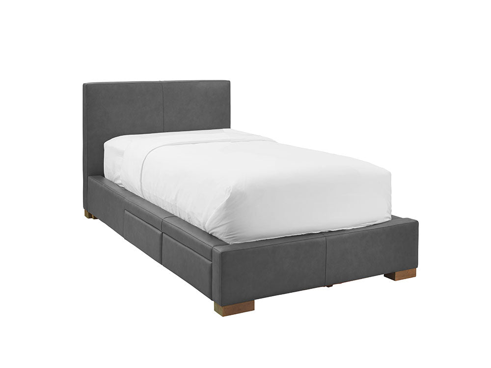 Moderna Bed With 2 Drawers Left Single / Cortina Charcoal Leather / 2 Drawers Left